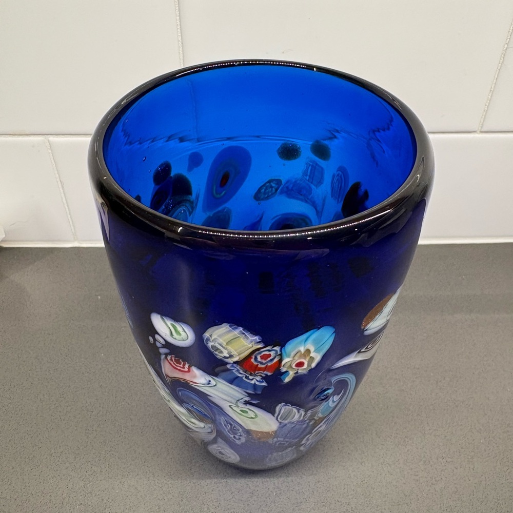 Murano Deep Blue Glass Vase with Millefiore Design - Picture 4 of 6